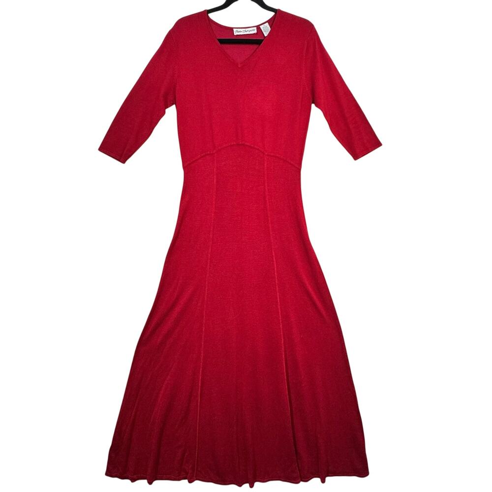 Norm Thompson VTG V-Neck Holiday Red Knitted Maxi Dress Size Medium 3/4 Sleeve